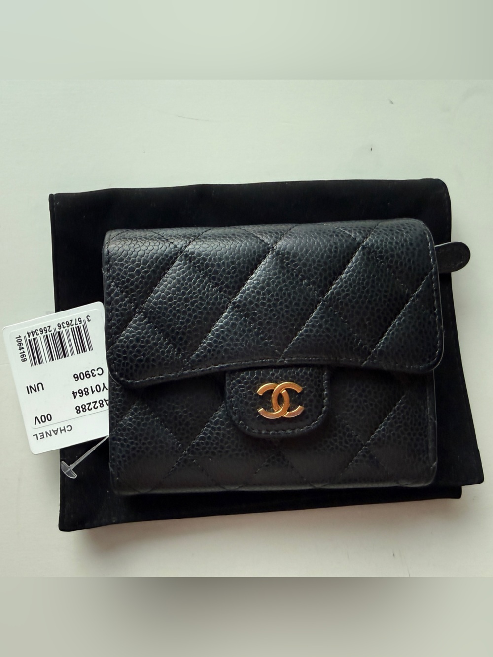 CHANEL Classic Caviar Small Wallet Black Burgundy Gold Hardware Full Set